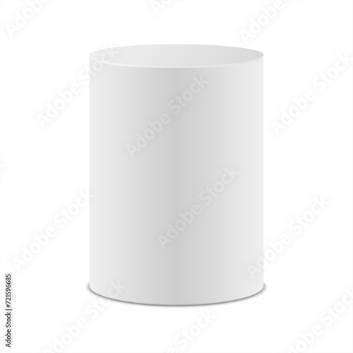  Abstract 3d cylinder pedestal or product display stand. Empty white round podium or modern platform. Light scene for cosmetic product display advertising, showcase. Mockup or showroom arena.