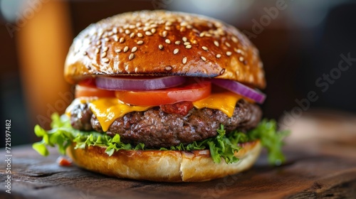 Classic cheeseburger on rustic wooden serving board. Hamburger with Black Angus cutlet, cheese, tomatoes, onion and salad leaves, topped with sesame seeds. Side view. Background image for the menu.