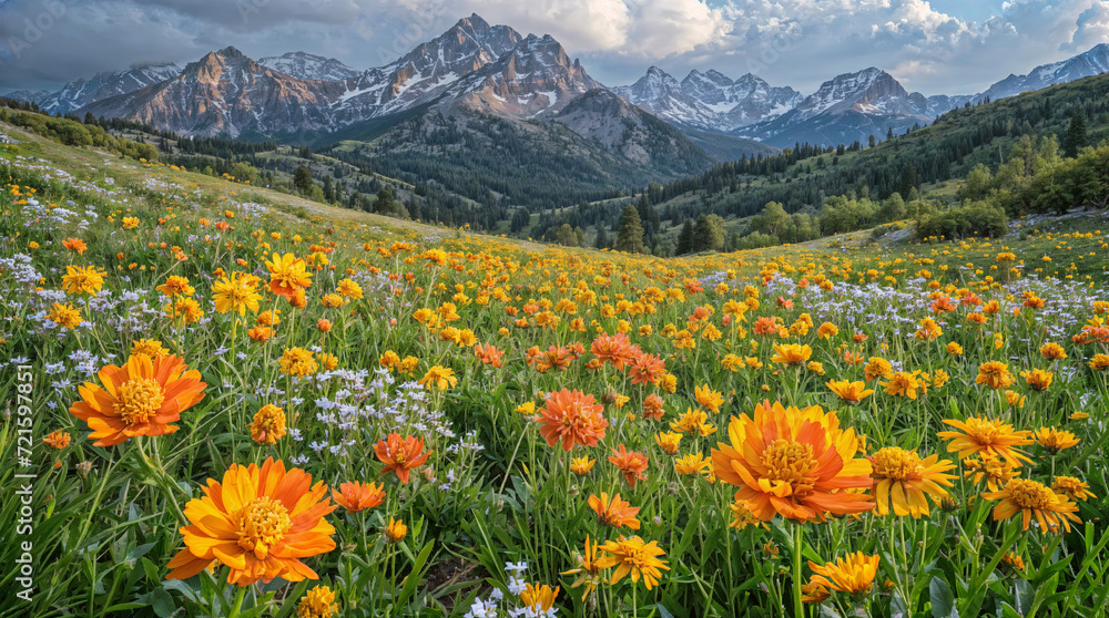 Beautiful landscape with bright orange wildflowers in the foreground and mountains in the background. Illustration for covers, wallpapers, collages and other projects about summer nature.