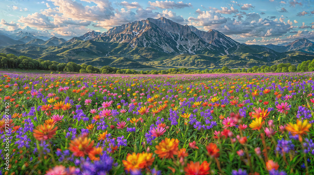Bright summer blooming wildflowers with mountains on the background. Illustration for covers, wallpapers, collages and other projects about summertime in wildlife. Bright summer blooming wildflowers with mountains on the background. Illustration for covers, wallpapers, collages and other projects about summertime in wildlife.