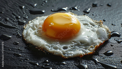 A golden yolk nestled in a sea of dark, crisp edges - a perfect fried egg on a black surface, tempting and satisfying