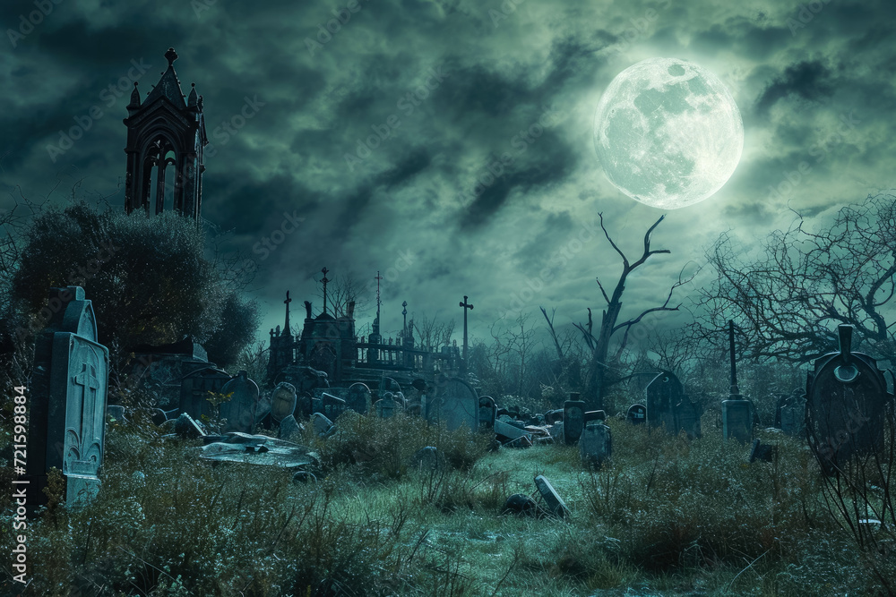spooky graveyard, where skeletons and zombies rise from the dead, and the moon casts an eerie glow - obrazy, fototapety, plakaty 