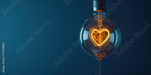 Yellow heart in electric light bulb on blue studio background with copy space empty place for text. Valentine's day, creative idea, Inspiration share love concept. Copy paste place for text photo