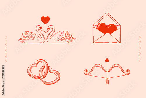 Set of strong love and romance symbols in linear style. A love letter, chained hearts, white swans and a bow and arrow. Valentine's day vector illustration. Wedding attributes on a light background.