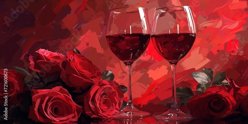 Two glasses of red wine red roses romantic dinner holiday gift