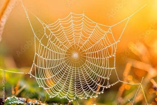 Close up of delicate spider s web glistening with vibrant dewdrops in sunlight