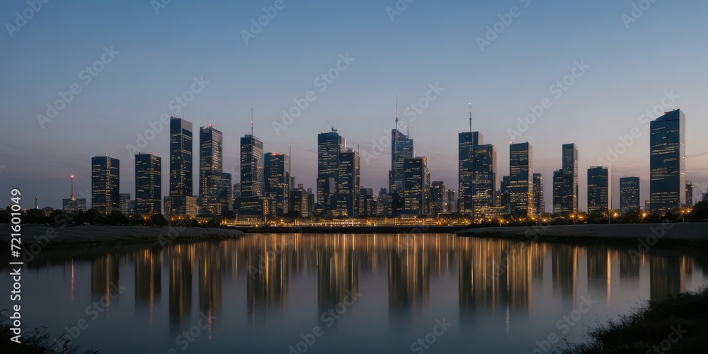 The tranquil evening light casts the city skyline in a beautiful reflection on the calm waters of a river at dusk.

