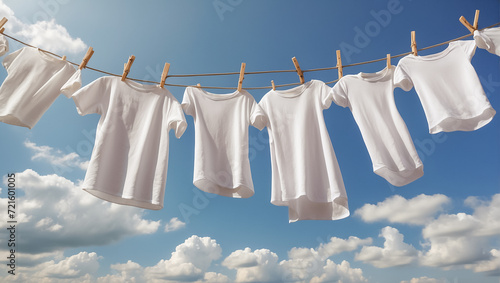 clean white T-shirt is drying on a clothesline against the sky