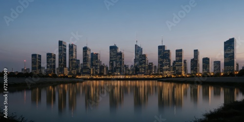 The tranquil evening light casts the city skyline in a beautiful reflection on the calm waters of a river at dusk. 