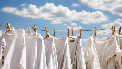 clean white T-shirt is drying on a clothesline against the sky fresh