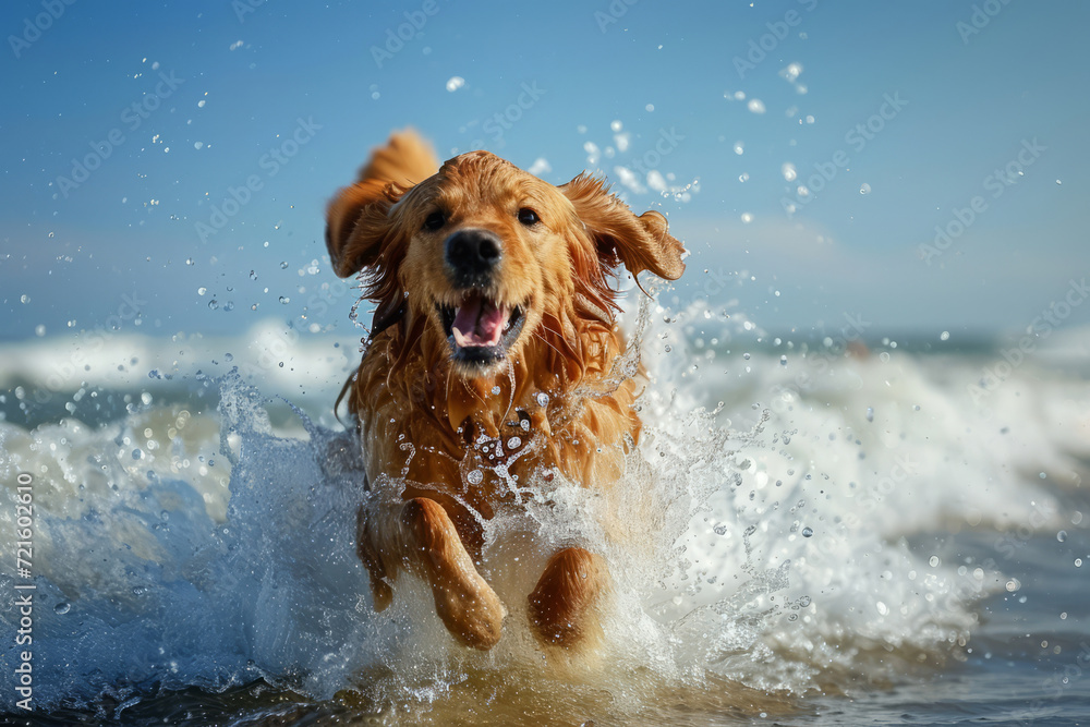 Dog runs and plays along a beach. Dog splashes in the waves. Generative AI