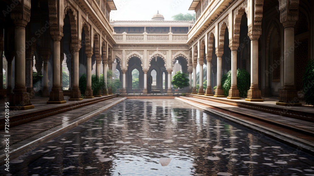 A palace courtyard during a gentle rain, with raindrops creating ripples in the reflecting pool.