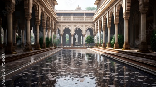 A palace courtyard during a gentle rain  with raindrops creating ripples in the reflecting pool.