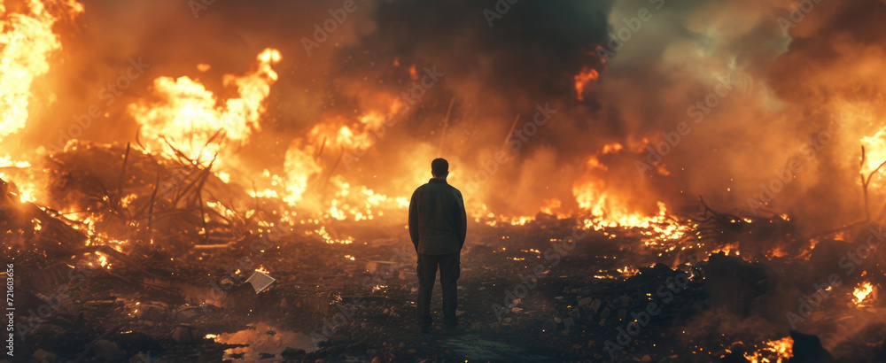 A person standing in front of a fire. Can be used to depict warmth, coziness, or a campfire scene