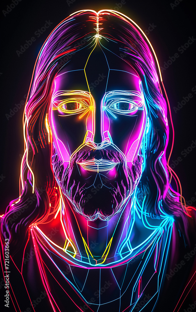 Renderização 3D, retrato de arte abstrata de Jesus Cristo, brilhando com luz neon colorida sobre fundo preto Renderização 3D, retrato de arte abstrata de Jesus Cristo, brilhando com luz neon colorida sobre fundo preto