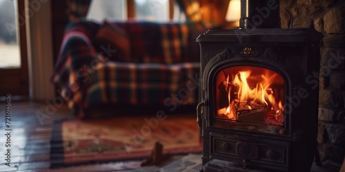 A cozy wood burning stove in a living room, perfect for creating a warm and inviting atmosphere. Ideal for home decor and interior design projects