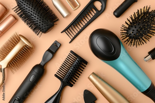 Hair brushes and combs of various types and sizes displayed on a vibrant pink background. Ideal for beauty and haircare-related projects