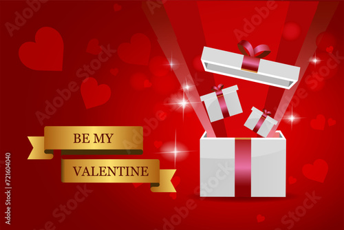 Valentine's day design. Realistic red gifts boxes. Open gift box full of decorative festive object. Holiday banner, web poster, stylish brochure, greeting card, cover. Romantic background