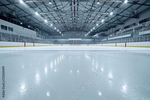 A hockey rink with a goalie ready to defend the net. Suitable for sports-related designs and publications