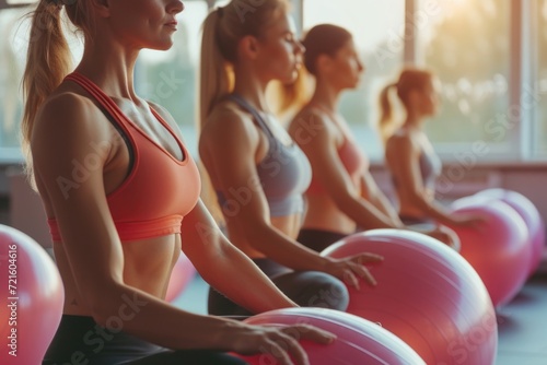 A group of women sitting on top of yoga balls. Perfect for fitness and wellness concepts photo