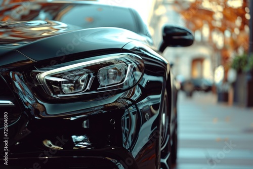 A detailed view of a black car parked on a city street. Perfect for automotive and urban-themed projects