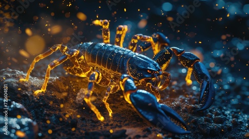 A close up view of a scorpion on the ground. This image can be used to depict wildlife, desert creatures, or dangerous animals photo
