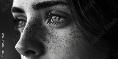 A detailed close-up of a woman's face with freckles. This image can be used to showcase natural beauty or to promote skincare products