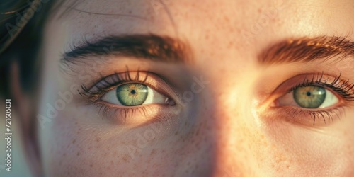 Woman's face close-up showing striking green eyes. Perfect for beauty, fashion, or portrait concepts photo