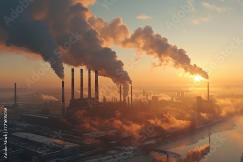 An industrial factory with smoke billowing out of its stacks. This image can be used to depict industrial pollution or manufacturing processes photo