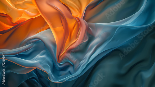 Vivid orange and blue satin fabric undulating in an abstract, wave-like pattern, ideal for backgrounds.