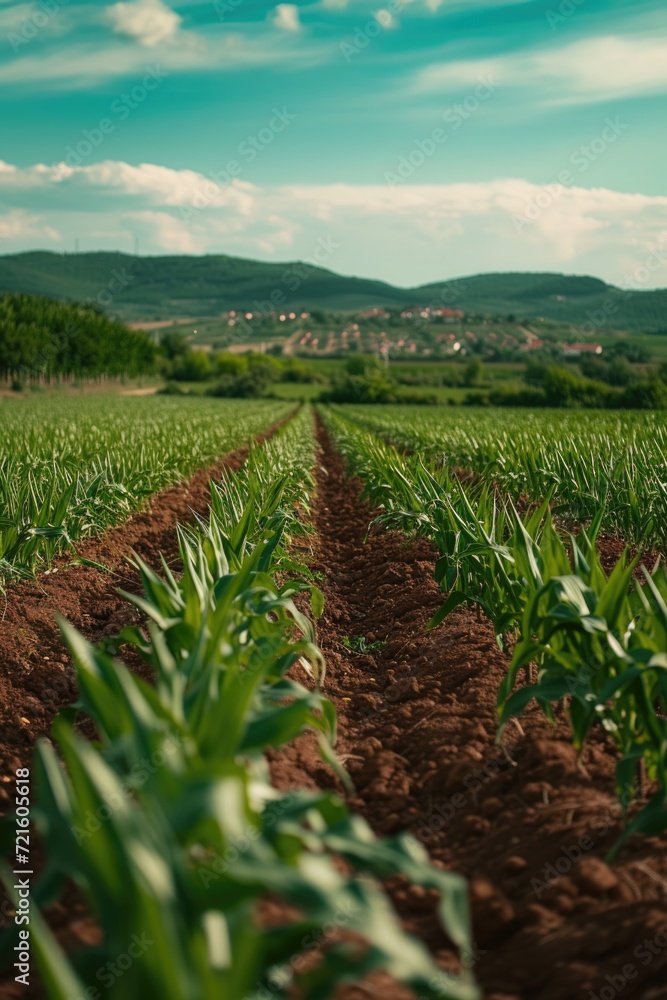A picturesque field of corn with rolling hills in the background. Perfect for agricultural or rural landscapes A picturesque field of corn with rolling hills in the background. Perfect for agricultural or rural landscapes