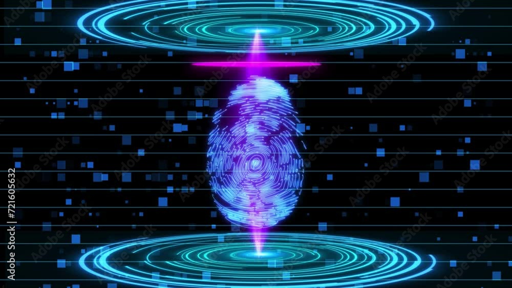Digital futuristic Biometrical Finger Print Scanner With HUD Ligh Animation, Biometric Fingerprint Scanner System, Fingerprint Scanner Hud Animation Technology Background. Abstract Futuristic Animatio