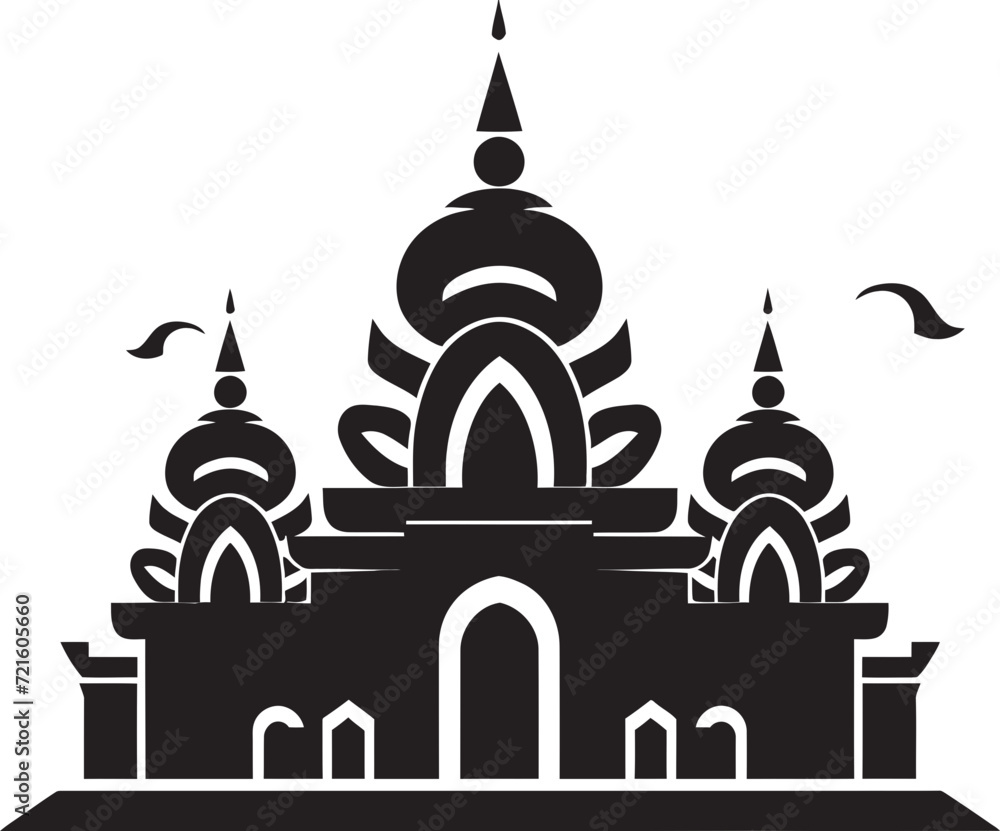 Black and White Serenity Temple VectorEthereal Beauty Indian Temple Art