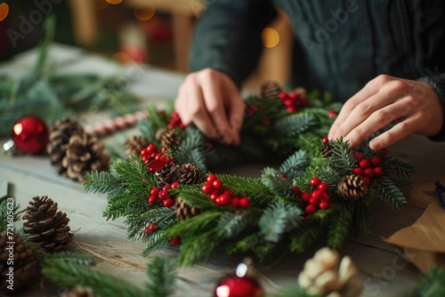 A person crafting a wreath using pine cones and red berries. Perfect for holiday decorations or rustic-themed events