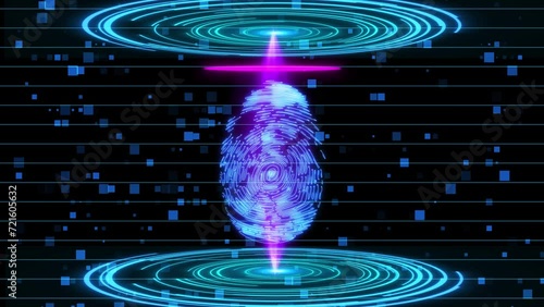 Digital futuristic Biometrical Finger Print Scanner With HUD Ligh Animation, Biometric Fingerprint Scanner System, Fingerprint Scanner Hud Animation Technology Background. Abstract Futuristic Animatio