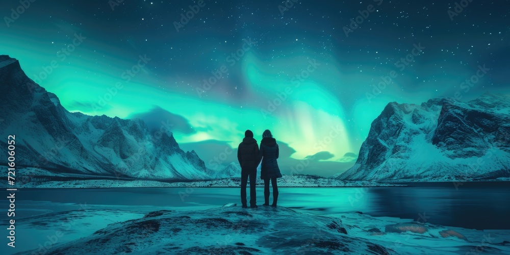 Two individuals standing on a rock, gazing at the mesmerizing beauty of the northern lights. Ideal for travel and nature-themed projects