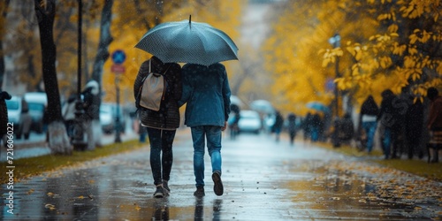 Two people walking in the rain with umbrellas. Ideal for illustrating rainy weather or companionship in challenging times
