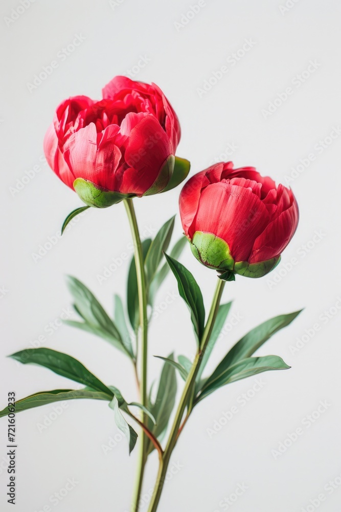 Obraz premium Two beautiful red peonies arranged in a vase on a table. Perfect for home decor or floral design projects