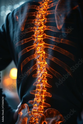 A captivating image of a man's back with a glowing spine. Perfect for medical, science fiction, or futuristic concepts