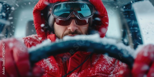 A man wearing a red jacket is seen driving a car in a snowy landscape. This image can be used to depict winter driving, snowy road conditions, or a winter road trip