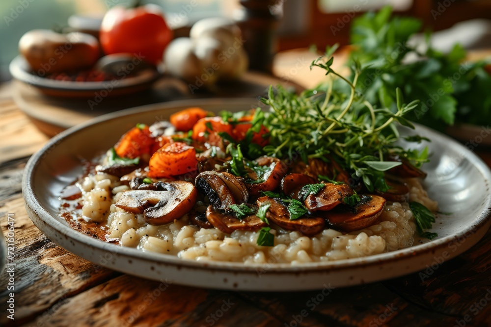 Close-up of white ceramic plate with mushroom risotto on wooden table. Fresh herbs and spices scattered around, highlighting the dish vividness. Traditional Italian cuisine. Close-up of white ceramic plate with mushroom risotto on wooden table. Fresh herbs and spices scattered around, highlighting the dish vividness. Traditional Italian cuisine.