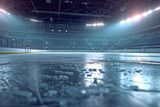 A hockey rink with a lot of water on the ice. Suitable for sports-related projects or illustrating the challenges of playing in wet conditions