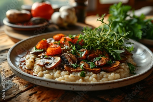 Close-up of white ceramic plate with mushroom risotto on wooden table. Fresh herbs and spices scattered around, highlighting the dish vividness. Traditional Italian cuisine.