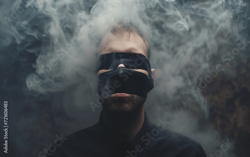 homem com faixa preta nos olhos e fita preta na boca, fumaça ao redor, asfixia social