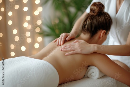 A woman receiving a relaxing back massage at a spa. Perfect for promoting self-care and wellness services