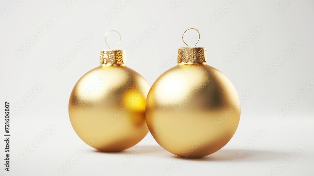 Two shiny gold Christmas ornaments on a white surface. Perfect for holiday decorations and festive designs Two shiny gold Christmas ornaments on a white surface. Perfect for holiday decorations and festive designs