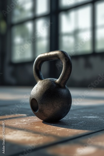A kettlebell sitting on the ground in front of a window. Can be used for fitness and exercise concepts