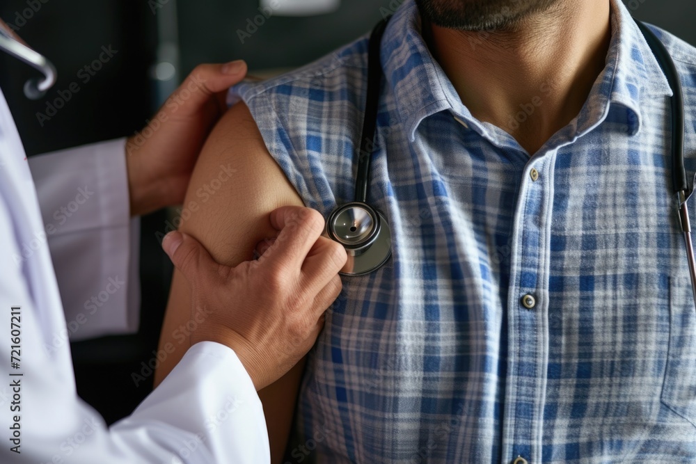 Fototapeta premium Doctor using a stethoscope to examine the patient's shoulder. Can be used for medical and healthcare-related designs