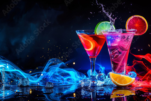 Neon colorful cocktails in a cyberpunk bar. Colorful rave party drink. Refreshment multicolor fruit cocktails with ice, lemon and mint in a bar, night club party with soft drinks photo