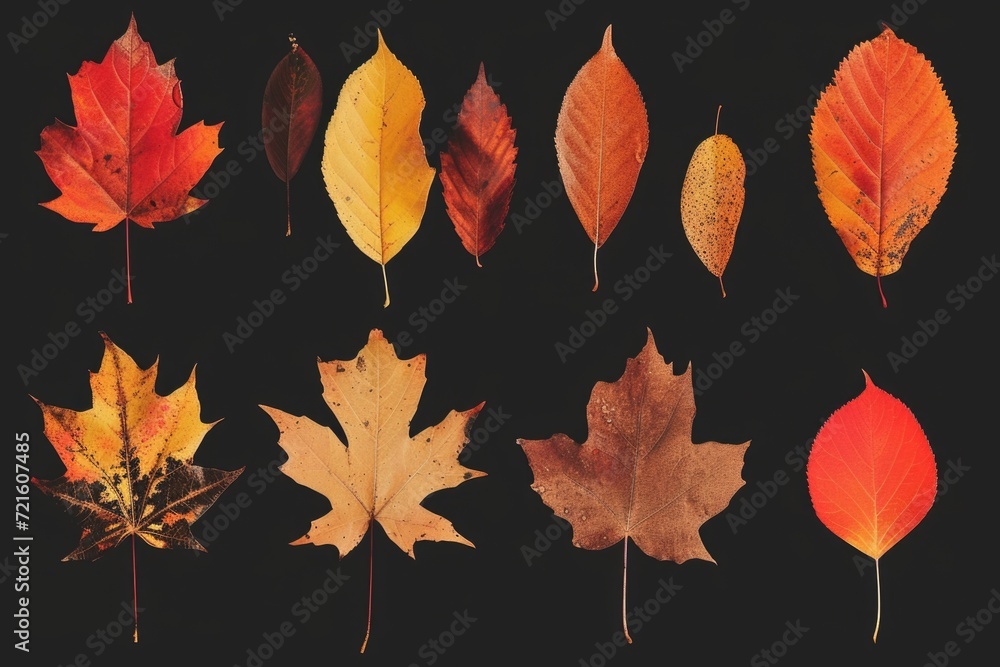 Obraz premium Colorful leaves arranged in a group against a black backdrop. Perfect for autumn-themed designs or nature-inspired projects